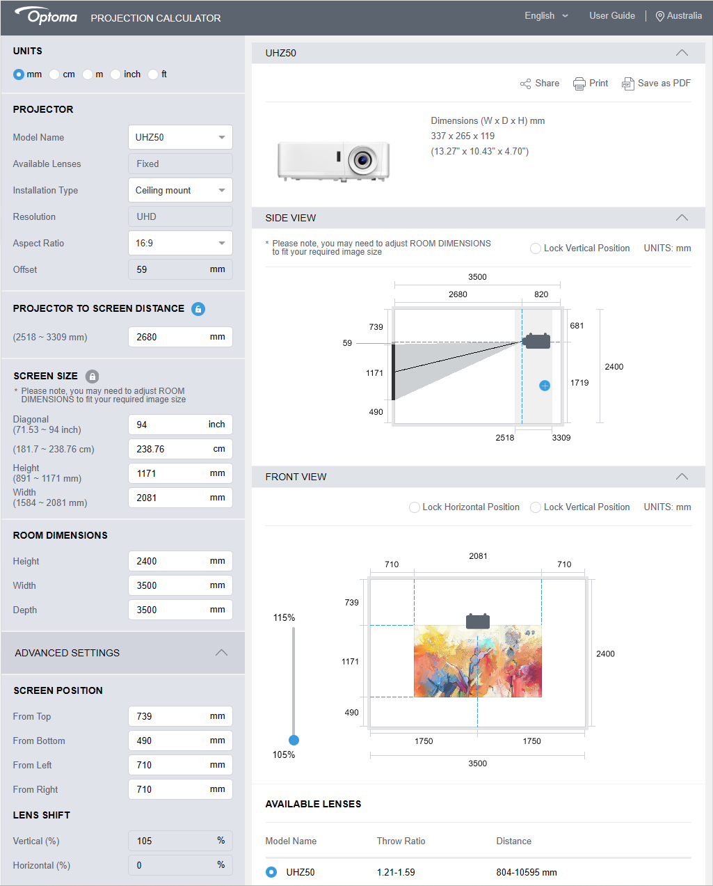 Optoma Projector Calculator